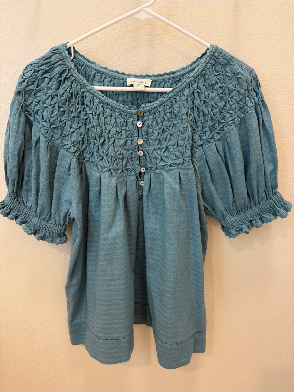 Sundance Blue Short Sleeve Peasant Top, Size L